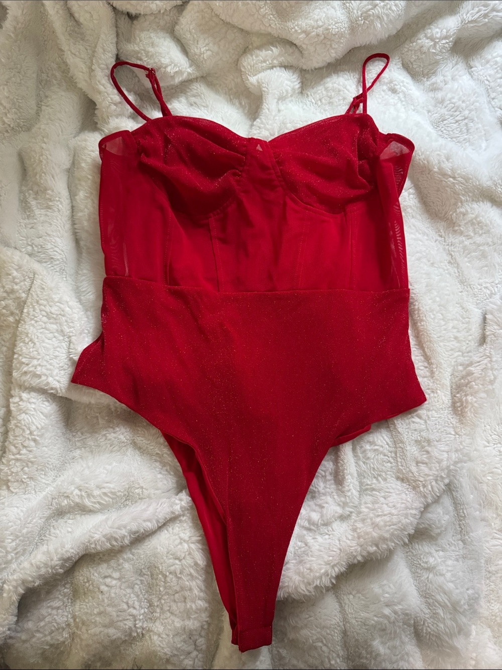 Princess Polly Red Sparkle Mesh One-Piece Bodysuit